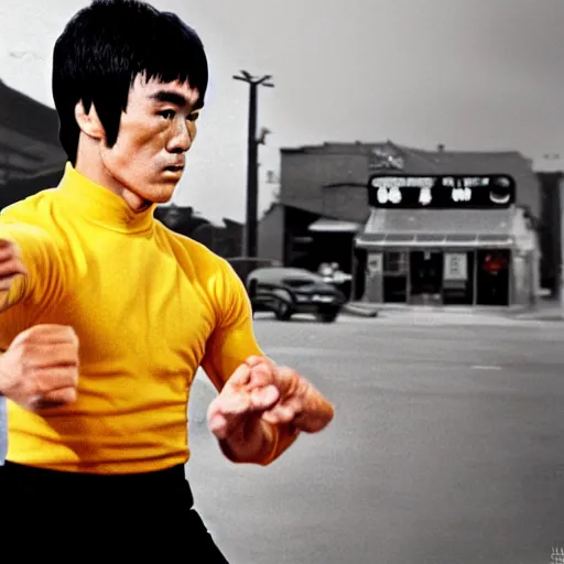 Prompt: 8 k portrait photograph of bruce lee, a blurred wafflehouse in the background