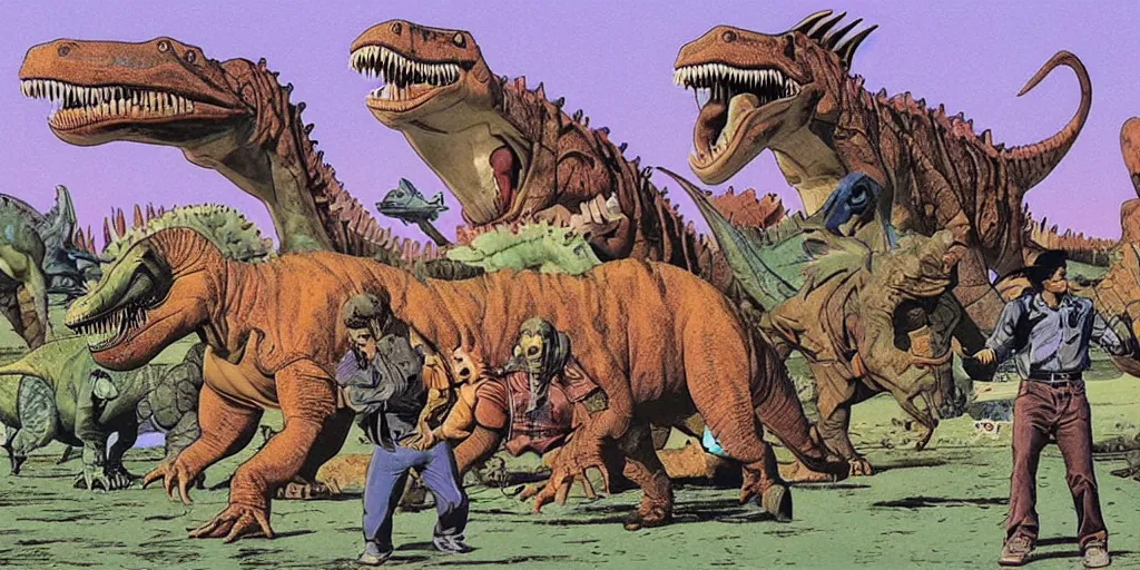 Prompt: dinosaurs in a korean classroom by richard corben