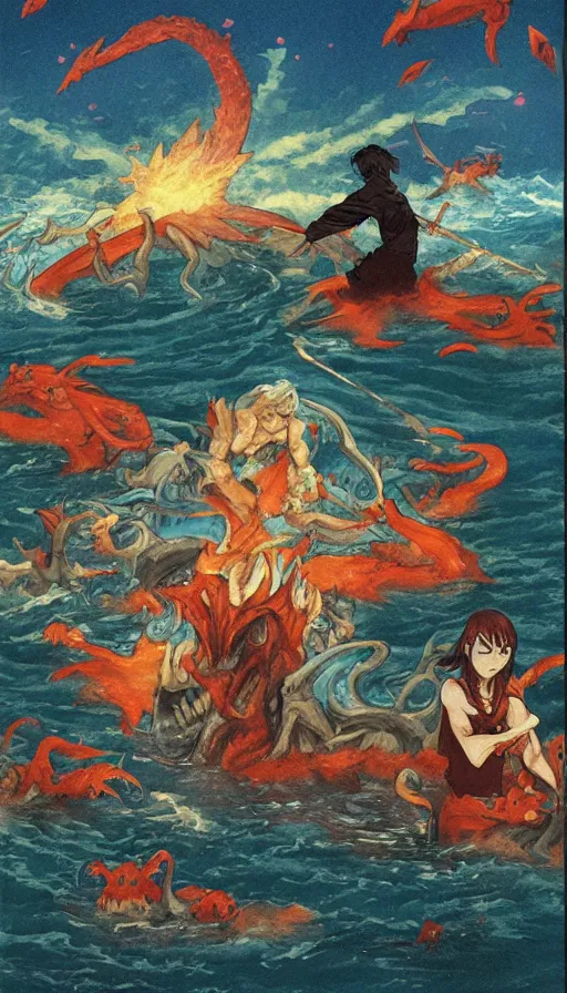 Image similar to man on boat crossing a body of water in hell with creatures in the water, sea of souls, by gainax co,