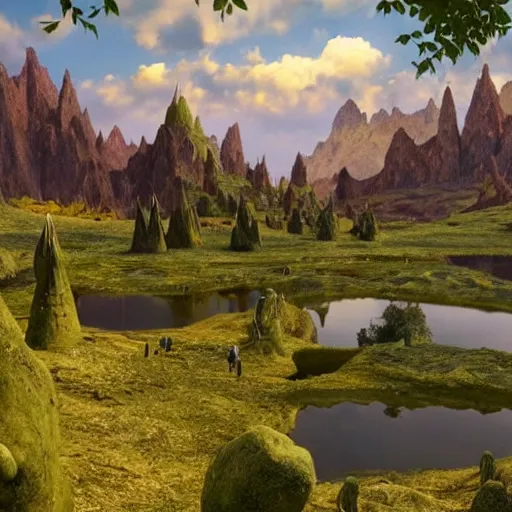 Image similar to BEAUTIFUL LANDSCAPE WITH LAKES MADE OUT OF BLOOD, REALISM, HELL, 8K, SHREK CONSUMES BONES, 100K, UNREALESED SHREK MOVIE, 8K