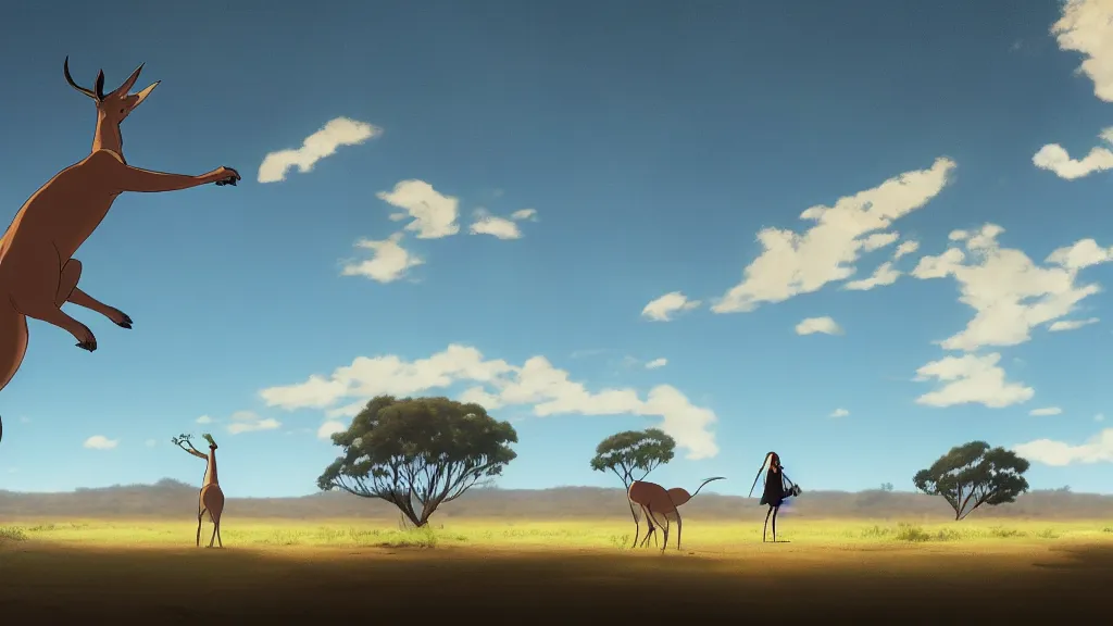 Image similar to australia, outback, uluru, kangaroos, ghibli style, makoto shinkai