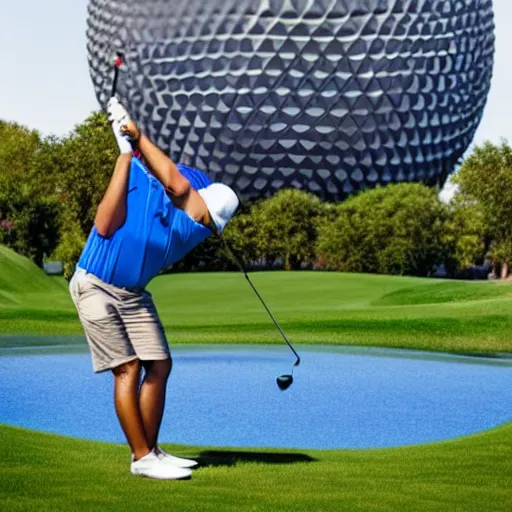 Image similar to a giant playing golf using the spaceship earth attraction at epcot as the ball in real life, highly detailed, extremely high resolution, ultra realistic