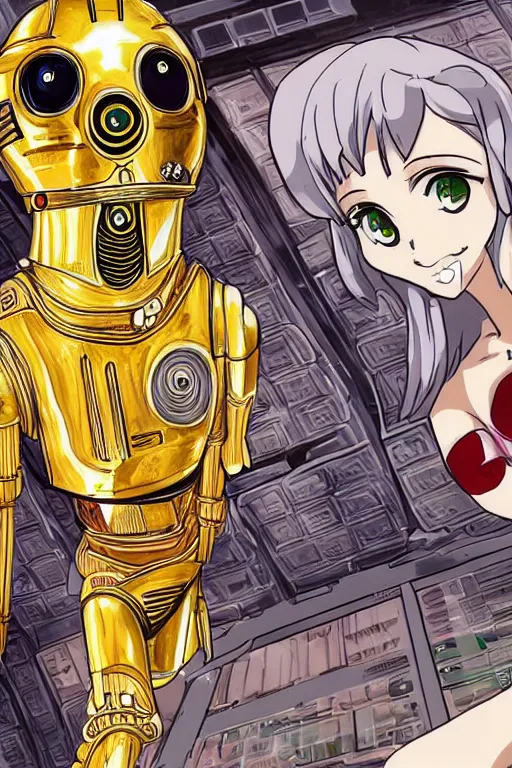 Prompt: c 3 po drawn as an anime character