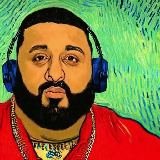 Image similar to ultra realistic portrait of dj khaled in a studio, ultra detailed, under blue, red and yellow cinematic lighting, by van gogh, cartoon