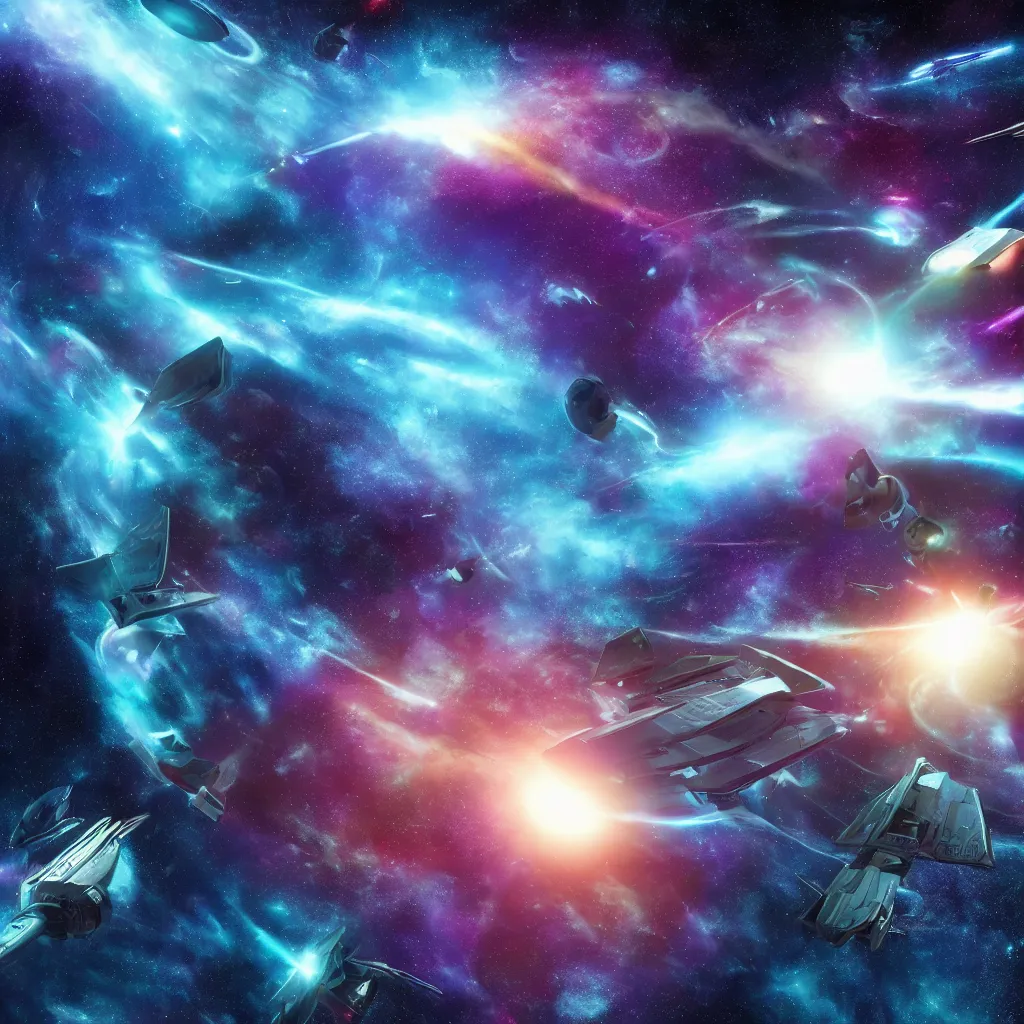 Image similar to galactic space fleet flying into a warp portal, 8 k resolution