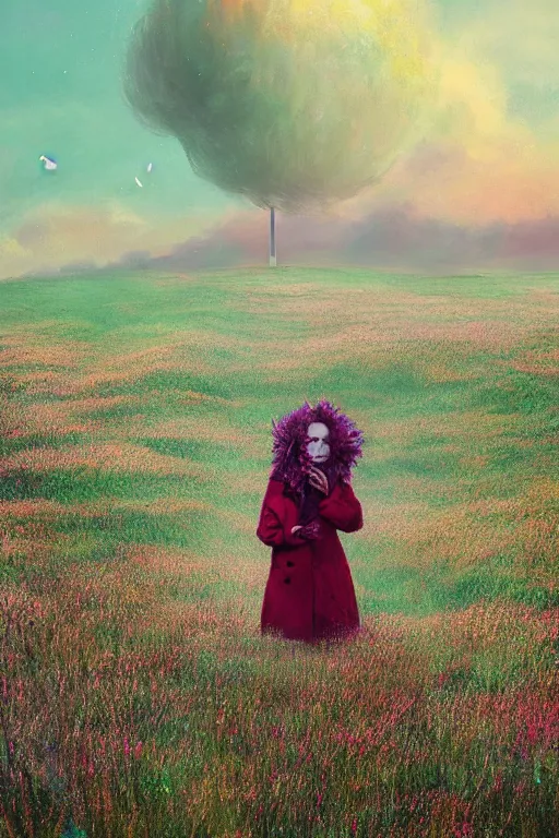 Prompt: a portrait, giant flower head, a girl wearing a coat in heather field, surreal photography, wind and cold, dramatic sky, impressionist painting, digital painting, artstation, simon stalenhag