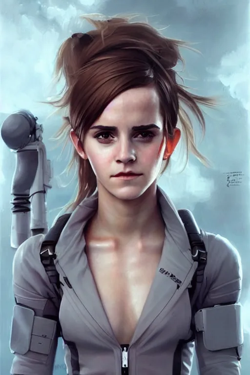 Image similar to hyper realistic painting of emma watson in an eva plugsuit. hyper detailed face. anime concept art. 4 k. art by greg rutkowski trending on artstation. extremely detailed.