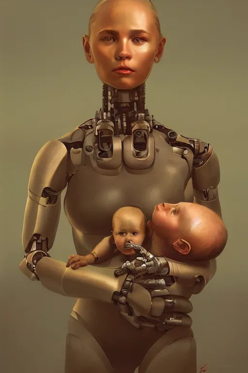 Prompt: female robot portrait, holding young baby, dystopian, digital painting, sculpted in zbrush, artstation, concept art, sharp focus, illustration, chiaroscuro lighting, golden ratio, rule of thirds, incredible art by artgerm greg rutkowski wlop simon stalenhag