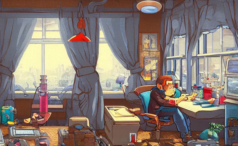 Prompt: Character sitting and relaxing in front of their work desk in their cozy room as a peaceful scene is seen through the room's window. Smooth Highly detailed masterpiece pixel-art. in the style of Close Highly detailed masterpiece professional artistry Sega, Namco, Neogeo, Capcom artist's Pixel-art. Trending on artstation. Slice-of-life genre art. Balanced colors and lighting scheme by James Gurney and artgerm. In the style of a 'Music to chill/study' to youtube video.