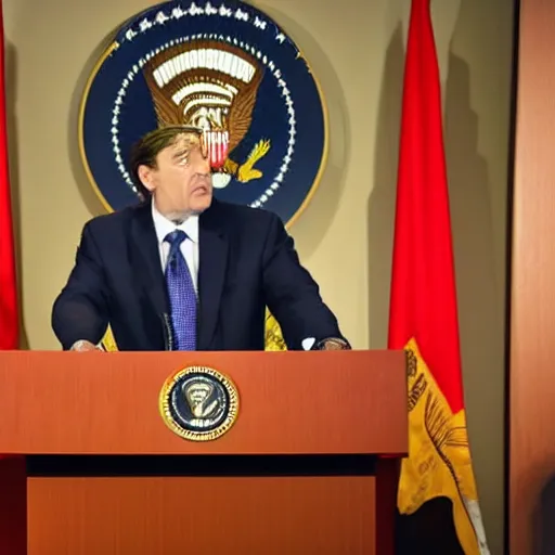 Image similar to puppet president in a podium giving a press conference