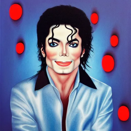 Image similar to Michael Jackson with shiny red eyes, deep blue background