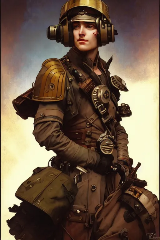 Prompt: dieselpunk soldier character, helmet, shoulders, chest, portrait, armored, illustrations by alfons maria mucha and craig mullins and loish and rossdraws and artgerm and sargent