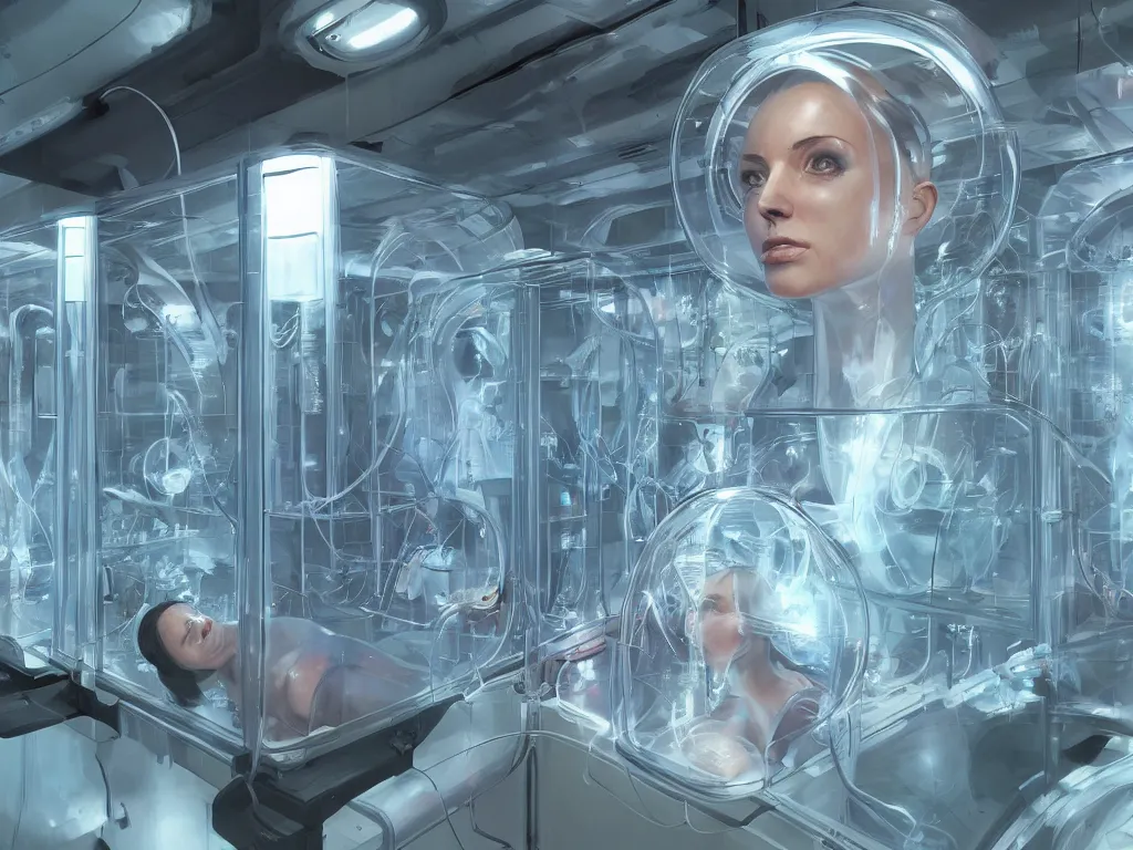 Prompt: detailed portrait very beautiful cyborg transparent glossy glass skin surrounded glowing tubes inside an incubator futuristic hospital bio lab, intricate rendered by beeple, by syd meade, by android jones, by yoanne lossel, by artgerm and greg rutkowski, space art concept, sci - fi, digital art, unreal engine, wlop, trending artstation