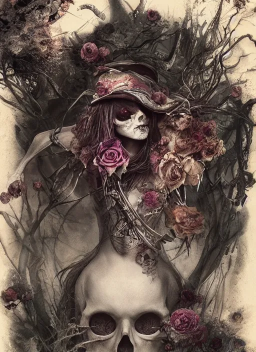 Image similar to Alice in Wonderland,roses,bullets,death tarot card,highly detailed,half skull face,cinematic,8k,by Stanley Artgermm,Tom Bagshaw,Greg Rutkowski,Carne Griffiths, Ayami Kojima, Beksinski, Giger,trending on DeviantArt,hyper detailed,horror, full of colour