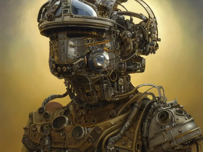 Prompt: a detailed profile oil painting of a dieselpunk humanoid robot with reflective visor, flight suit, portrait symmetrical and science fiction dieselpunk theme with aurora lighting by beksinski carl spitzweg and tuomas korpi. baroque elements, full-length view. baroque element. intricate artwork by caravaggio. Trending on artstation. 8k