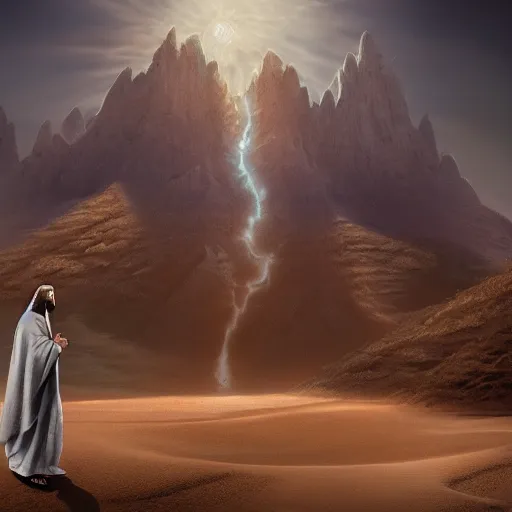 Image similar to an Artstation 3d render of Very very very very highly detailed beautiful mystic photo of jesus in the desert, intricate, extremely detailed, digital painting, artstation, concept art, smooth, sharp focus, illustration, intimidating lighting, incredible art,