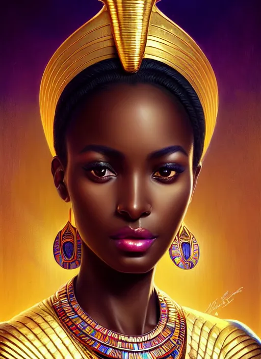 Prompt: close up portrait of beautiful maat egyptian symbolism, flawless black skin, perfect features, gorgeous west african woman by artgerm, cushart krenz, greg rutkowski, mucha. art nouveau. gloomhaven, swirly vibrant ripples, gaudy colors, sharp edges. ultra clear detailed. 8 k. elegant, intricate, octane render