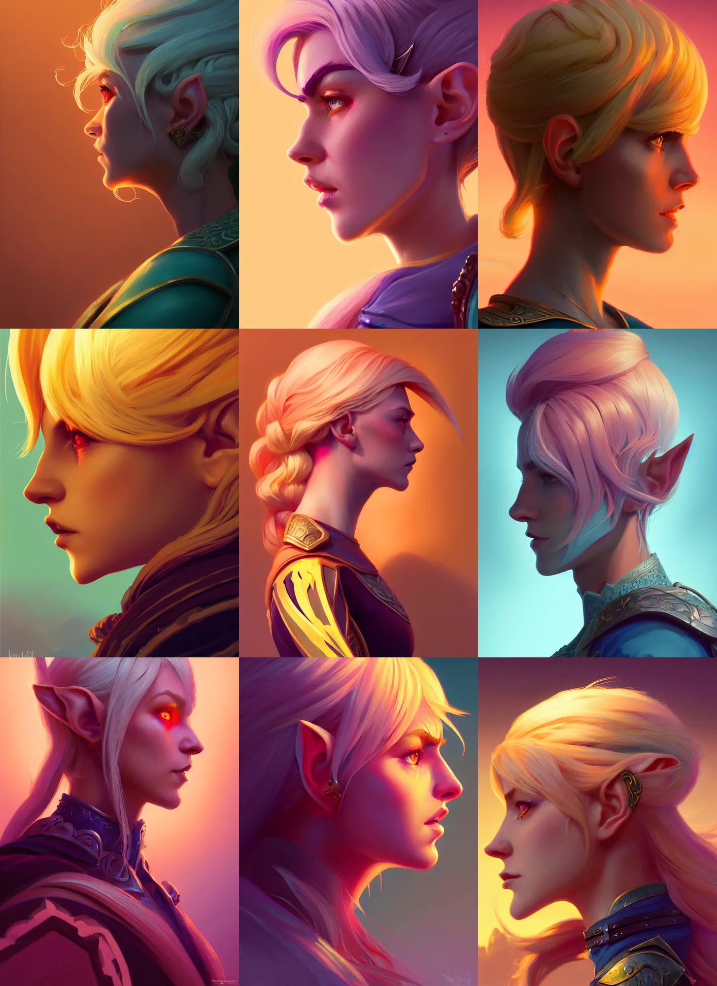 Prompt: side profile centered painted portrait, blonde elf ranger, rage, d & d, gloomhaven, matte painting concept art, art nouveau, beautifully backlit, swirly vibrant color lines, fantastically gaudy, aesthetic octane render, 8 k hd resolution, by ilya kuvshinov and cushart krentz and gilleard james