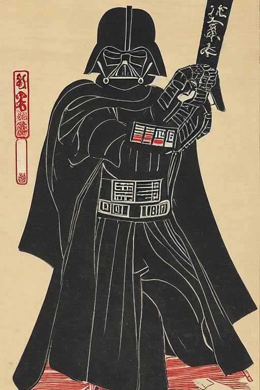 Prompt: Japanese woodblock print of Darth Vader holding a samurai sword , Hokusai
