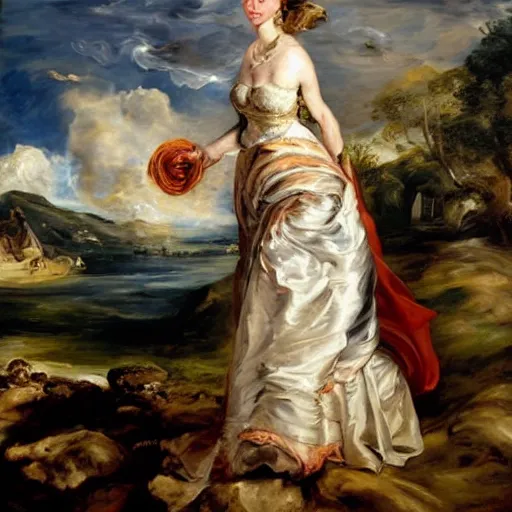 Image similar to heavenly summer sharp land sphere scallop well dressed lady standing next to car, auslese, by peter paul rubens and eugene delacroix and karol bak, hyperrealism, digital illustration, fauvist, standing next to a car