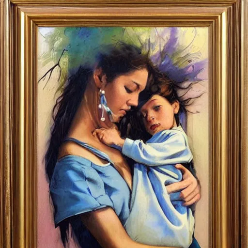 Image similar to by john larriva, by aaron horkey emotive. a beautiful painting harmony of colors, simple but powerful composition. a scene of peaceful domesticity, with a mother & child in the center, surrounded by a few simple objects. colors are muted & calming, serenity & calm.