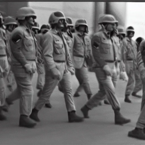 Image similar to 70s movie still of Donald Trump leading military troops, by Irving Penn , Cinestill 800t 35mm black and white, heavy grainy picture, very detailed, high quality, 4k, HD criterion, precise texture