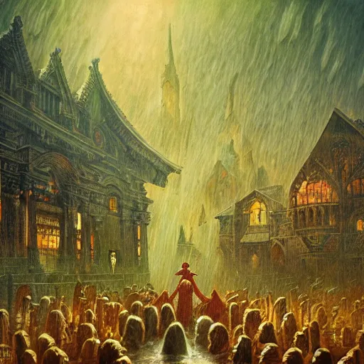 Image similar to Miltonian disasterpiece cult rain mesmerizing inner sanctum of the most venerable and beautiful truth, in the style of Jeff Easley, Grant Wood, Ken Kelly, Élisabeth Vigée Le Brun, dramatic lighting, establishing shot, detailed and realistic faces, 8k resolution – W 1024