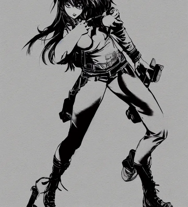 Image similar to full body pose, hd, manga anime portrait of a beautiful woman in combat boots and overalls, in ishikawa ken frank miller jim lee alex ross style detailed trending award winning on flickr artstation,