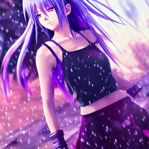 Image similar to beautiful anime girl in the style of final fantasy 7 with purple eyes, wearing a skirt and tanktop, perfect body, standing in the rain, high quality anime art, trending on artstation, 8K octane render, wallpaper