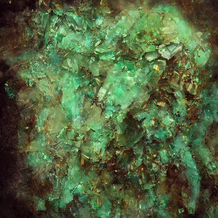 Image similar to big green emerald crystal gems embedded, worn decay texture, intricate concept art painting, fantasy, nature grotesque dark