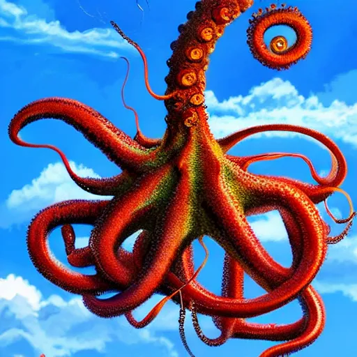 Prompt: A horrific tentacled monster floats in the blue sky, HD photorealistic image