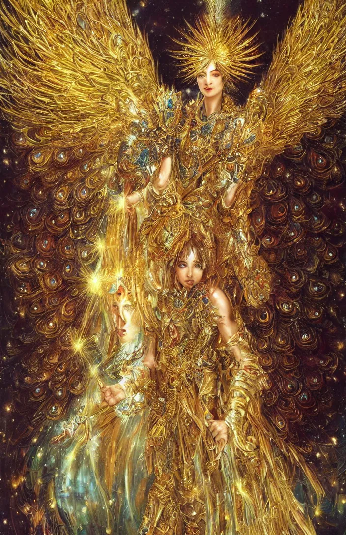 Prompt: beautiful full body archangel Gabriel with peacock feathers ,golden armor, shining light, gems, god rays by Karol Bak, Ayami Kojima, Amano