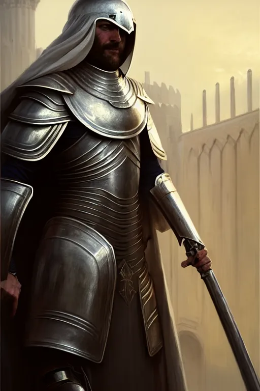 Prompt: white man looking forward in iron decorated plate armor, cylindrical crusader great helm covering all his head and white silk cape covering his back and elbows standing at the gates of jerusalem drawn by greg rutkowski realistic high detail