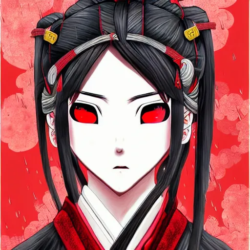 Image similar to seductive female samurai, in the rain, highly detailed, painting, dark red and black color palette, intricate, high quality, anime artstyle, in the style of sana takeda