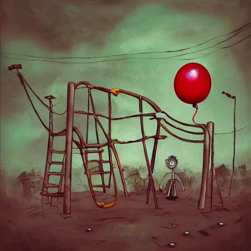 Image similar to grunge painting of a playground with a wide smile and a red balloon by tim burton, loony toons style, pennywise style, corpse bride style, rick and morty style, creepy lighting, horror theme, detailed, elegant, intricate, conceptual