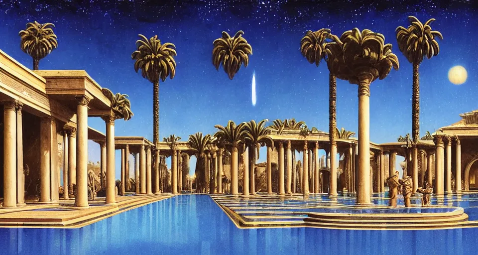 Prompt: a large tiled swimming pool with many palm trees surrounded by roman architecture columns and statues, underneath a star filled night sky, harold newton, zdzislaw beksinski, donato giancola, warm coloured, gigantic pillars and flowers, maschinen krieger, beeple, star trek, star wars, film, atmospheric perspective