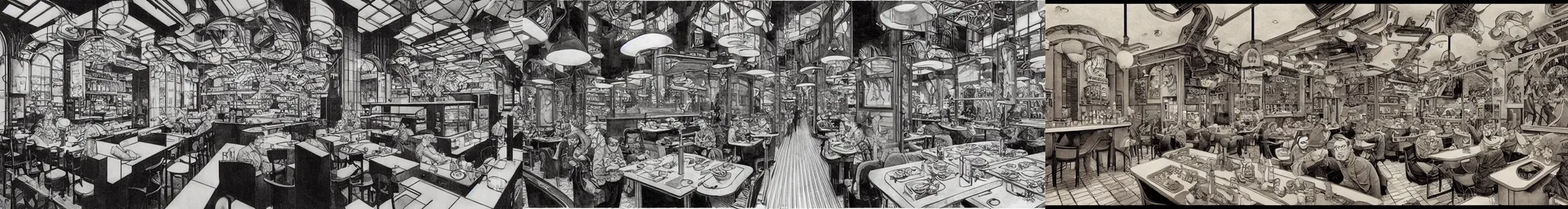 Prompt: a fast food interior by Escher and Francois Schuiten ,