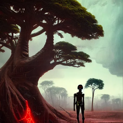 Prompt: a zulu cyberpunk hunter near pink lake witha a baobab tree during a thunderstorm by greg rutkowski and android jones in a surreal portrait style, oil on canvas, 8k resolution.