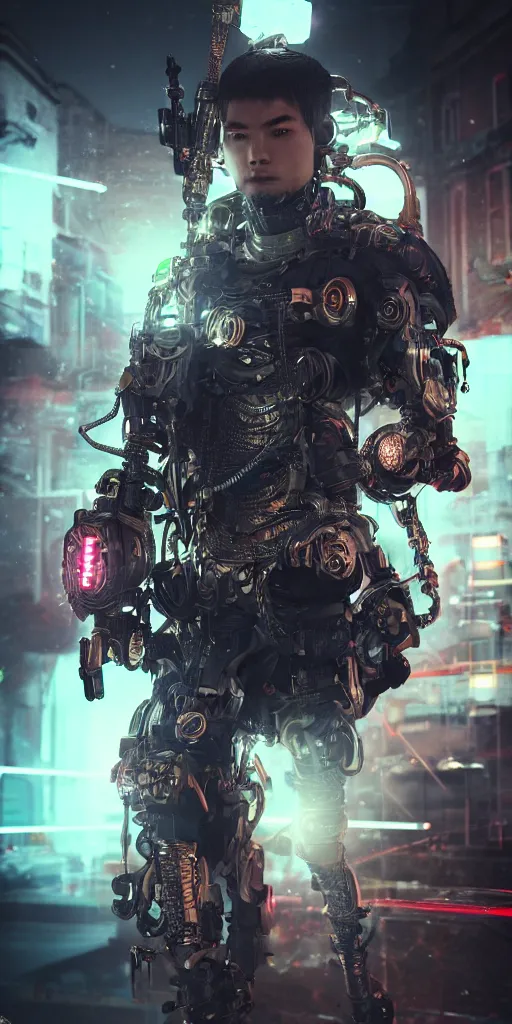 Image similar to ultra realistic and intricate detailed photograph of a cyborg samurai surrounding by neon lights, hyperrealistic, detailed, depth of field, High definition, 8k, depth of field, octane render, artstation