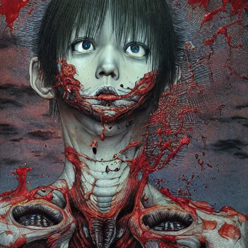 Image similar to realistic detailed image of a Horrific Crime Scene, Shintaro Kago, Kentaro Miura, Neo-Gothic, grotesque, rich deep colors. Beksinski painting, part by Adrian Ghenie and Gerhard Richter. art by Takato Yamamoto. masterpiece