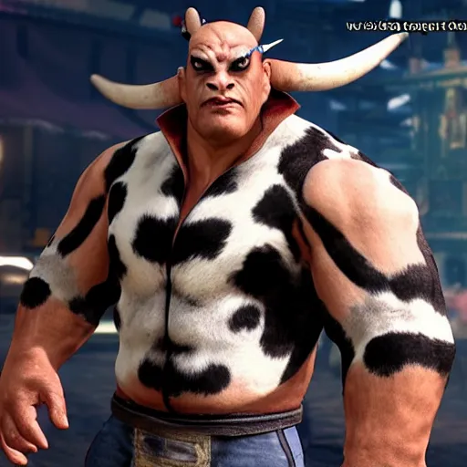 Prompt: a man that looks like a cow, as a character in tekken