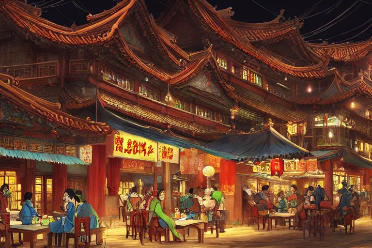 Prompt: fantasy art of a bustling tavern in china, at night, by hayao miyazaki, highly detailed digital art, trending on artstation