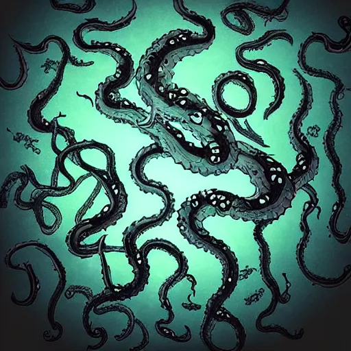 Image similar to “a swarm of dark tentacles underwater, trending on artstation, deep abyss ocean floor, dark navy colored background”