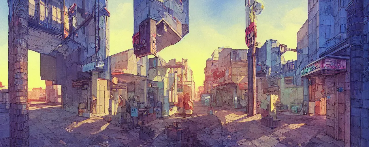 Image similar to neo brutralism, concrete housing, an archway, concept art, colorful, vivid colors, sunrise, light, shadows, reflections, oilpainting, cinematic, 3D, in the style of Akihiko Yoshida and Edward Hopper