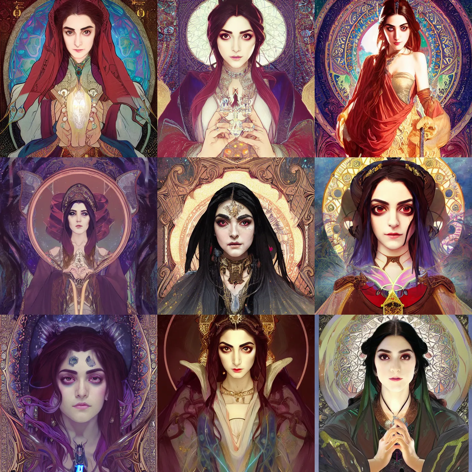 Prompt: masterpiece head-on symmetrical centered painted portrait, Maya Ali as D&D Mage, RPG game portrait style, wearing wizard robes, elegant, tarot card background, in the style of ROSSDRAWS and Ruan Jia and Ross Tran and Alphonse Mucha and Ayami Kojima and Charlie Bowater and Karol Bak and Jean Delville, pixar, maya engine, splash comics, global illumination lighting, rich bright colours