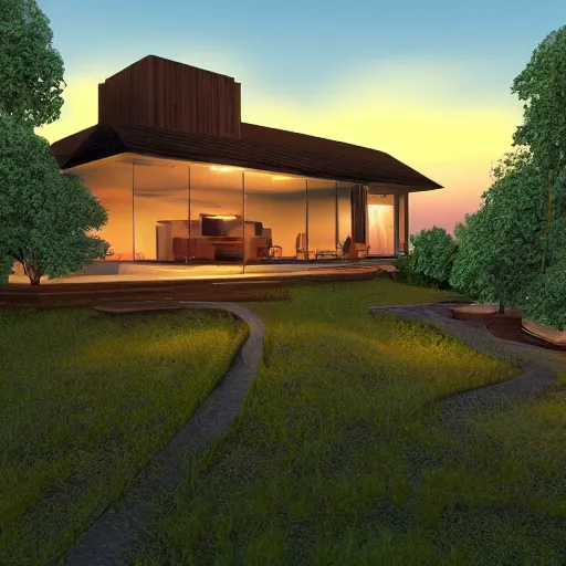 Image similar to a relaxing landscape with a singular house near a river at sunset in Pixar style