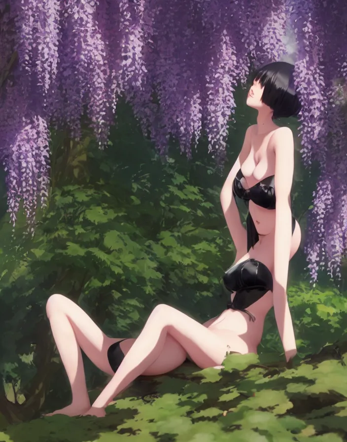 Prompt: a woman sitting under wisteria in forest, black bikini, matte, art by ilya kuvshinov and kyoto animation and ruan jia and ross tran, studio quality, aniplex,