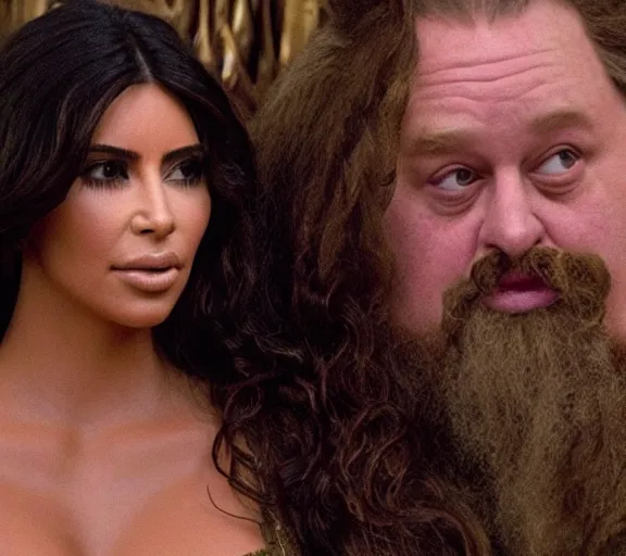 Prompt: a movie still of kim kardashian kissing hagrid in the movie harry potter