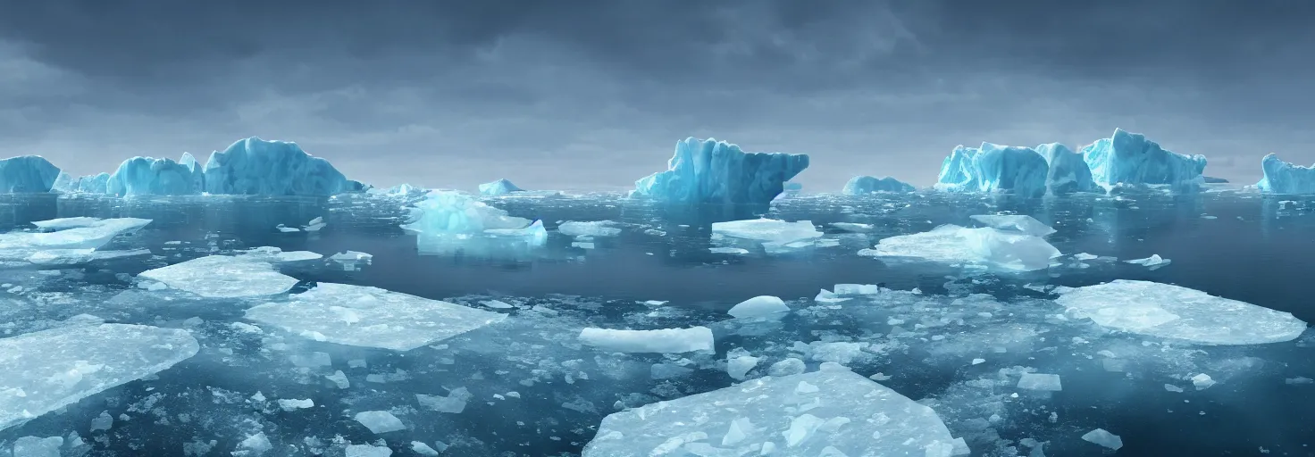 Image similar to Ocean Arctic with the ice cracking and icebergs by paul chadeisson, cinematic lighting, extremely detailed, ultra realistic, trending on artstation, 8K