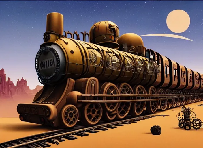 Image similar to a steampunk train by paolo eleuteri serpieri and tomer hanuka and chesley bonestell and daniel merriam and tomokazu matsuyama, unreal engine, high resolution render, featured on artstation, octane, 8 k, highly intricate details, vivid colors, vector illustration